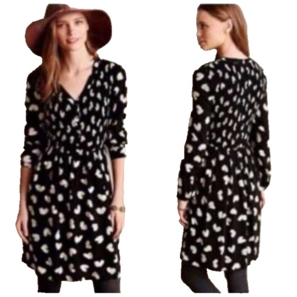 Anthropologie Maeve Dress S Small Cotton Washable Black Crean Hearts Long Sleeve